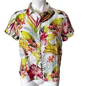 C&C California Linen Tropical Print Short Sleeve Blouse size M